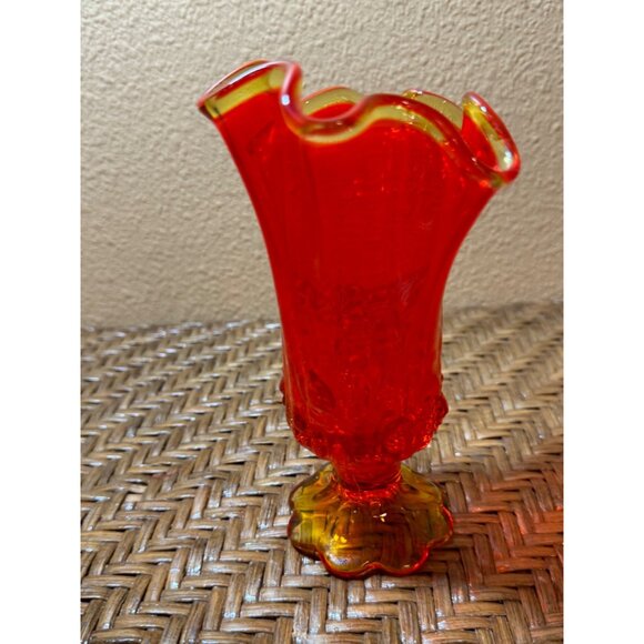 Vintage Fento Amberina  Glows Glass Vase Ruffle Edge Glows Pedestal Base Roses - Picture 3 of 10